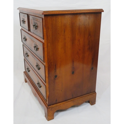 165 - Edwardian design inlaid yew small chest of two short & three long drawers with drop handles, on brac... 