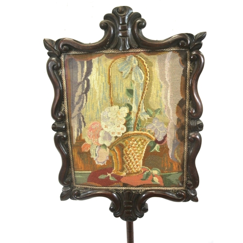 169 - Victorian mahogany polescreen with needlework shade, scroll borders, barleytwist borders, barleytwis... 