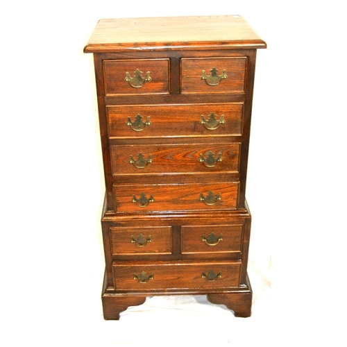 170 - Edwardian design oak small tallboy chest of 4 short & 5 long drawers with brass drop handles, on bra... 