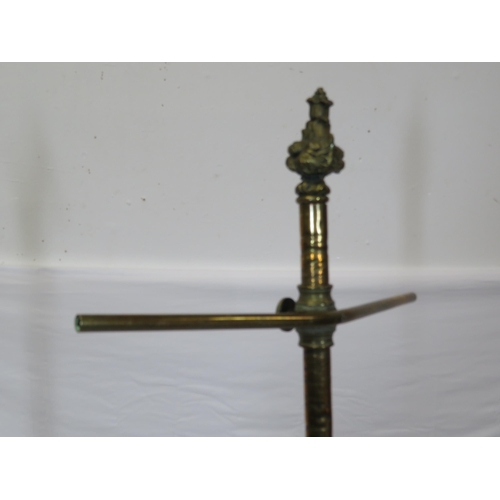 173 - Pugin style brass & timber garment stand with adjustable top, carved gargoyles with shields, on shap... 
