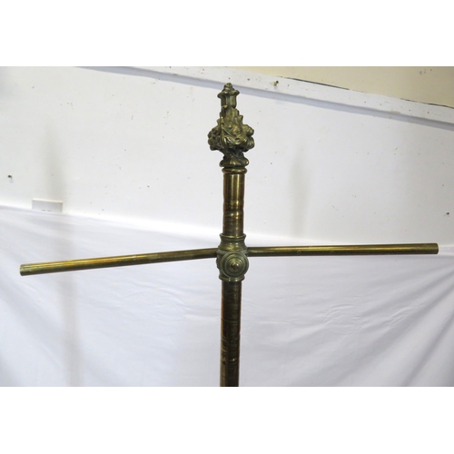 173 - Pugin style brass & timber garment stand with adjustable top, carved gargoyles with shields, on shap... 