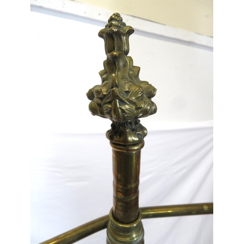 173 - Pugin style brass & timber garment stand with adjustable top, carved gargoyles with shields, on shap... 