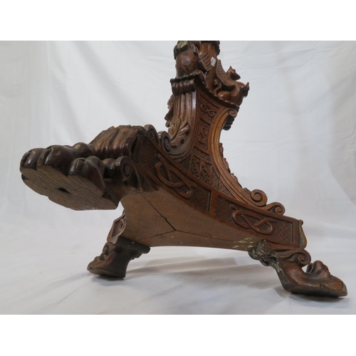 173 - Pugin style brass & timber garment stand with adjustable top, carved gargoyles with shields, on shap... 