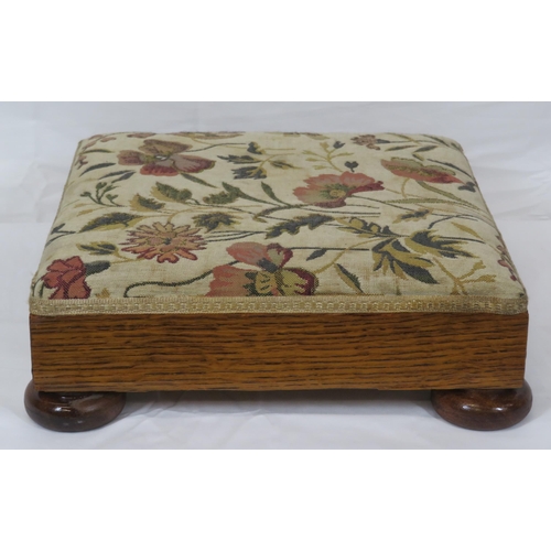 177 - Small square oak footstool with foliate upholstery & round legs