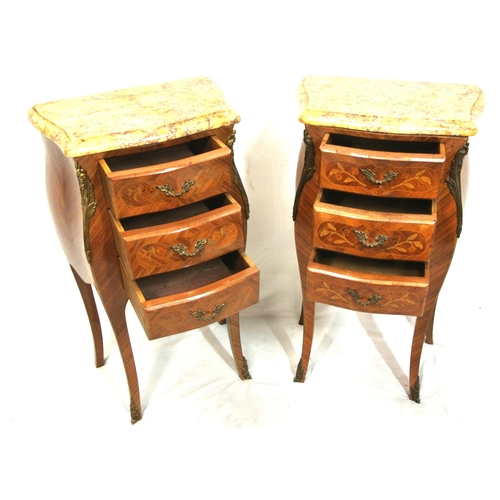 186 - Pair of Louis XV design inlaid walnut commode chests with 3 drawers each, shaped marble tops, ormolu... 