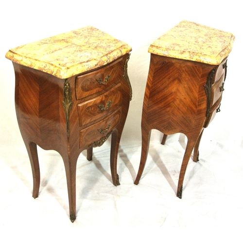 186 - Pair of Louis XV design inlaid walnut commode chests with 3 drawers each, shaped marble tops, ormolu... 