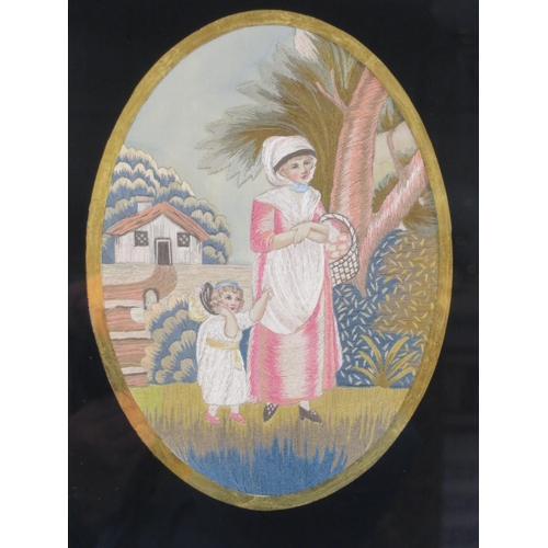 22 - English school 'Mother and child' oval silkwork, 24x17cm