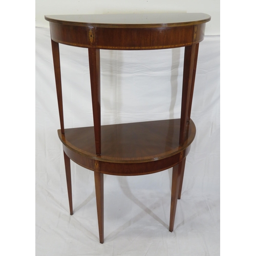 240 - Pair of Edwardian style inlaid & crossbanded demi lune hall or side tables with reeded borders, oval... 