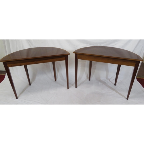 240 - Pair of Edwardian style inlaid & crossbanded demi lune hall or side tables with reeded borders, oval... 
