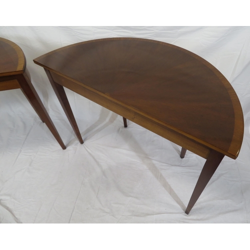 240 - Pair of Edwardian style inlaid & crossbanded demi lune hall or side tables with reeded borders, oval... 