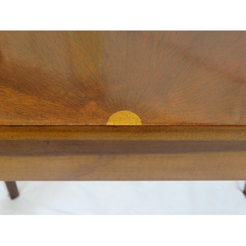 240 - Pair of Edwardian style inlaid & crossbanded demi lune hall or side tables with reeded borders, oval... 