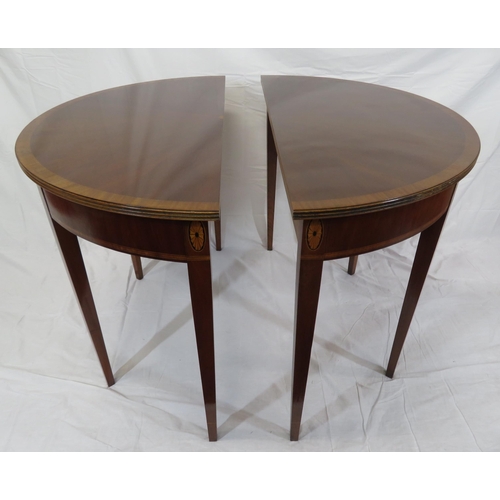240 - Pair of Edwardian style inlaid & crossbanded demi lune hall or side tables with reeded borders, oval... 