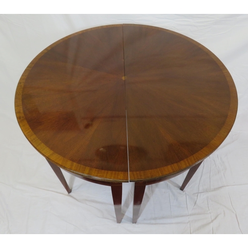 240 - Pair of Edwardian style inlaid & crossbanded demi lune hall or side tables with reeded borders, oval... 