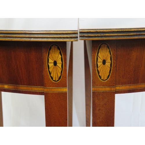 240 - Pair of Edwardian style inlaid & crossbanded demi lune hall or side tables with reeded borders, oval... 