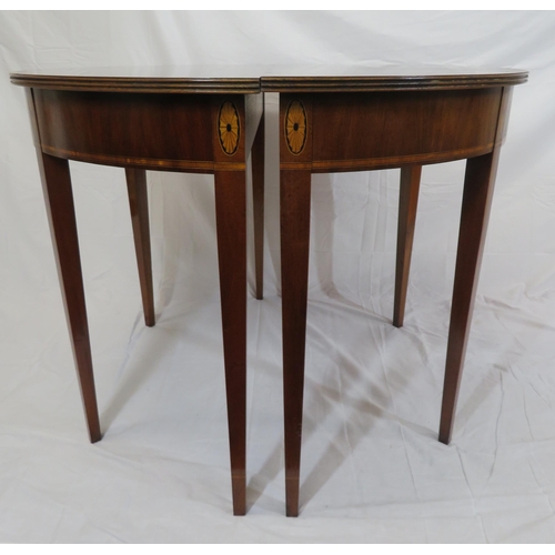 240 - Pair of Edwardian style inlaid & crossbanded demi lune hall or side tables with reeded borders, oval... 