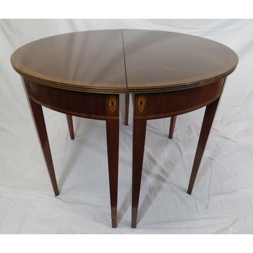 240 - Pair of Edwardian style inlaid & crossbanded demi lune hall or side tables with reeded borders, oval... 