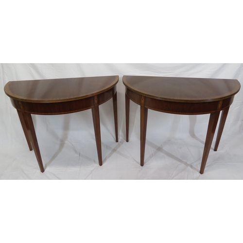 240 - Pair of Edwardian style inlaid & crossbanded demi lune hall or side tables with reeded borders, oval... 