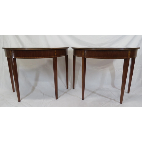 240 - Pair of Edwardian style inlaid & crossbanded demi lune hall or side tables with reeded borders, oval... 
