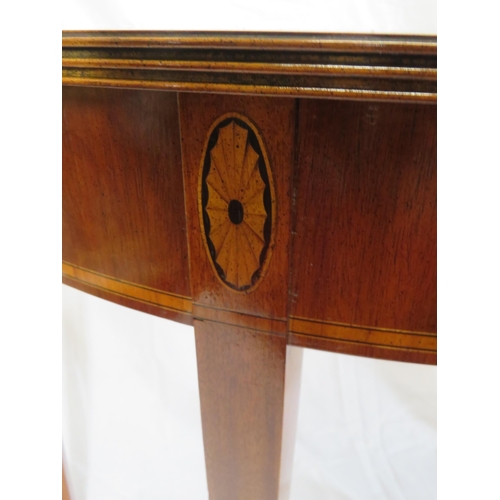 240 - Pair of Edwardian style inlaid & crossbanded demi lune hall or side tables with reeded borders, oval... 