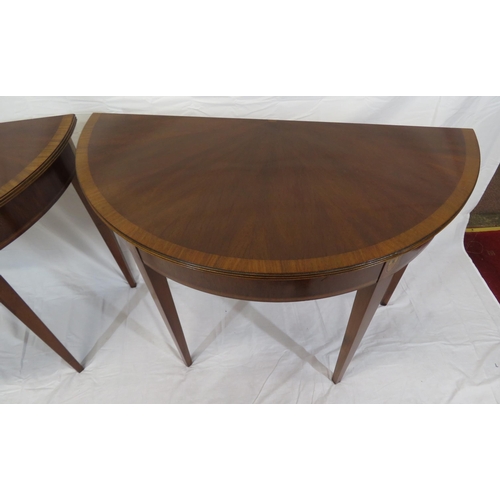 240 - Pair of Edwardian style inlaid & crossbanded demi lune hall or side tables with reeded borders, oval... 