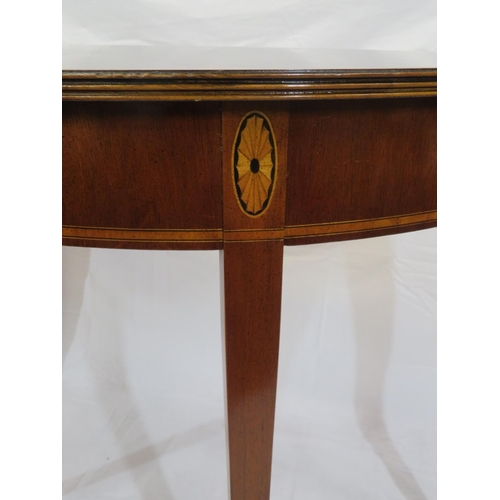 240 - Pair of Edwardian style inlaid & crossbanded demi lune hall or side tables with reeded borders, oval... 
