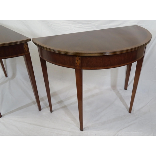 240 - Pair of Edwardian style inlaid & crossbanded demi lune hall or side tables with reeded borders, oval... 