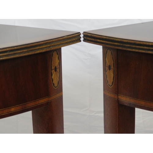 240 - Pair of Edwardian style inlaid & crossbanded demi lune hall or side tables with reeded borders, oval... 