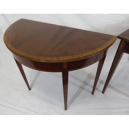 240 - Pair of Edwardian style inlaid & crossbanded demi lune hall or side tables with reeded borders, oval... 