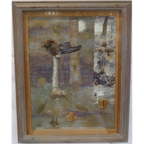 29 - Liz Macfarlane 'Incubation' mixed media, linen and feather on board, 76x58, initialled, inscribed ve... 