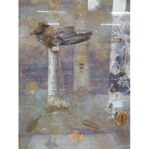 29 - Liz Macfarlane 'Incubation' mixed media, linen and feather on board, 76x58, initialled, inscribed ve... 