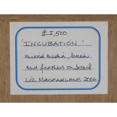 29 - Liz Macfarlane 'Incubation' mixed media, linen and feather on board, 76x58, initialled, inscribed ve... 