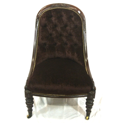 384 - Victorian mahogany ladies chair with buttonback upholstery, brass beading, scroll carving, on carved... 