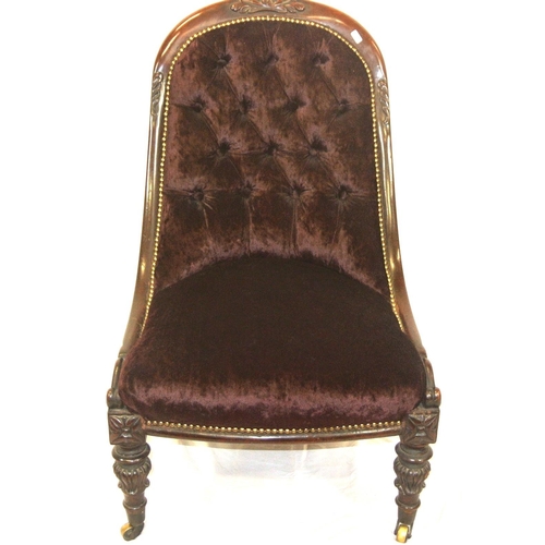 384 - Victorian mahogany ladies chair with buttonback upholstery, brass beading, scroll carving, on carved... 