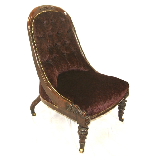 384 - Victorian mahogany ladies chair with buttonback upholstery, brass beading, scroll carving, on carved... 