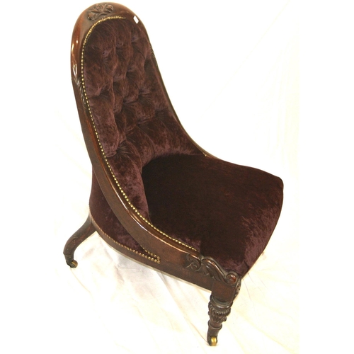 384 - Victorian mahogany ladies chair with buttonback upholstery, brass beading, scroll carving, on carved... 