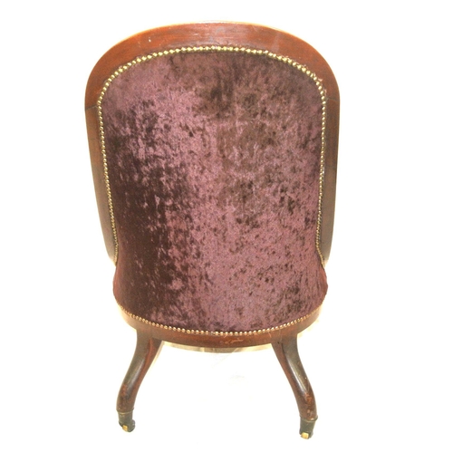 384 - Victorian mahogany ladies chair with buttonback upholstery, brass beading, scroll carving, on carved... 