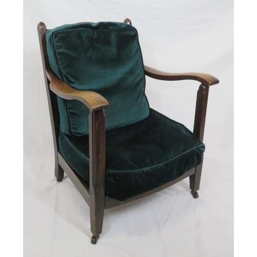 385 - Oak Arts & Crafts style open armchair with wicker back, upholstered seat, on tapering legs