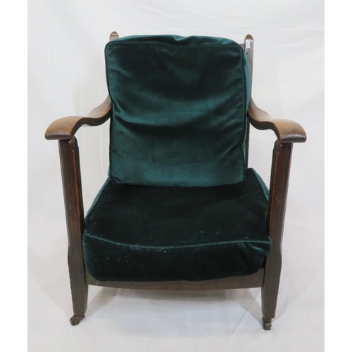 385 - Oak Arts & Crafts style open armchair with wicker back, upholstered seat, on tapering legs