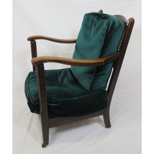 385 - Oak Arts & Crafts style open armchair with wicker back, upholstered seat, on tapering legs