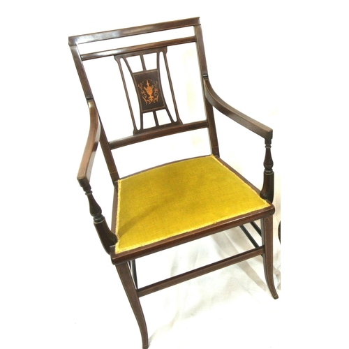 386 - Edwardian inlaid mahogany open armchair with inlaid splat, on shaped legs with stretchers