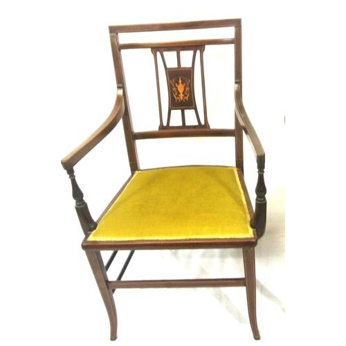 386 - Edwardian inlaid mahogany open armchair with inlaid splat, on shaped legs with stretchers