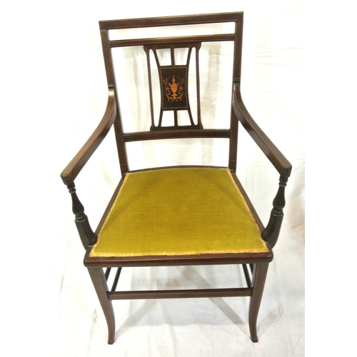 386 - Edwardian inlaid mahogany open armchair with inlaid splat, on shaped legs with stretchers