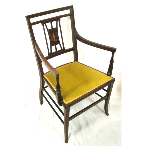 386 - Edwardian inlaid mahogany open armchair with inlaid splat, on shaped legs with stretchers