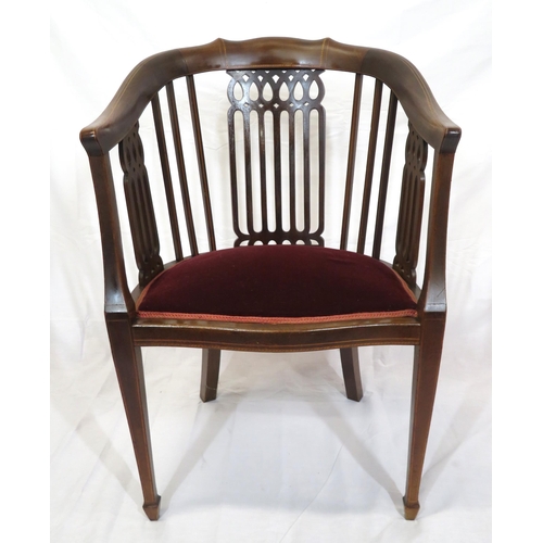 388 - Edwardian inlaid mahogany bowed tub chair with pierced splats, serpentine fronted seat, on tapering ... 