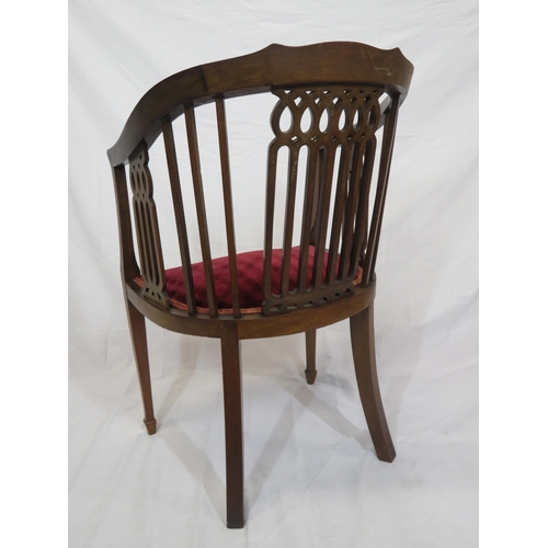 388 - Edwardian inlaid mahogany bowed tub chair with pierced splats, serpentine fronted seat, on tapering ... 