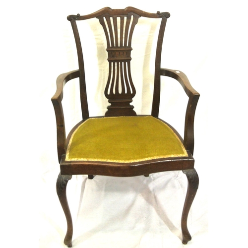 391 - Victorian mahogany open armchair with pierced wheatsheaf splat, serpentine fronted seat, on cabriole... 