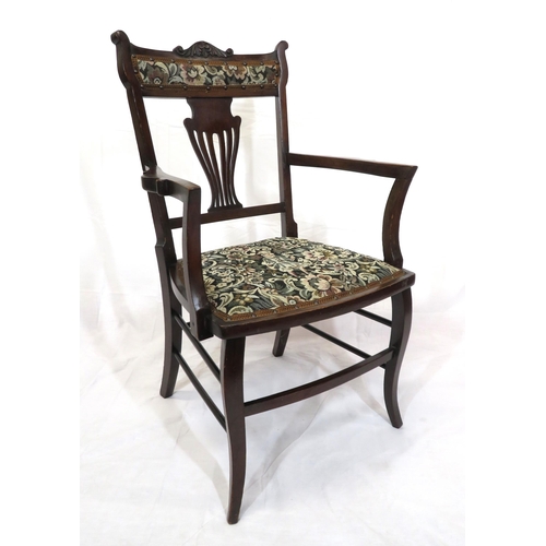 392 - Victorian mahogany open armchair with pierced wheatsheaf splat, bow fronted seat, cabriole legs with... 