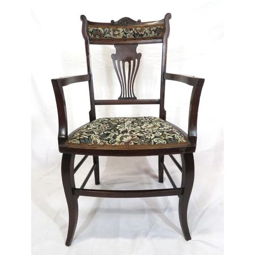 392 - Victorian mahogany open armchair with pierced wheatsheaf splat, bow fronted seat, cabriole legs with... 