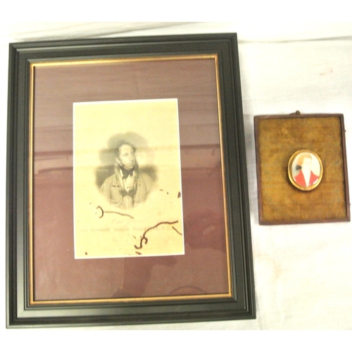 54 - Miniature portrait 'Sir Rollo Gillespie' oval 4.5x3.5cm and 'Sir Robert Rollo Gillespie KCB' engravi... 