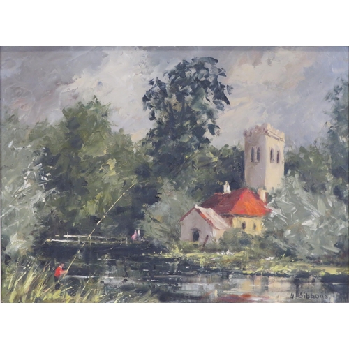 67 - Gordon Siddons 'Fishing by the church' Oil on board 30x40cm signed